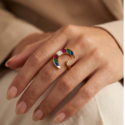 Chand Se Yaar — Navratna Crescent Ring in Gold Plated Silver