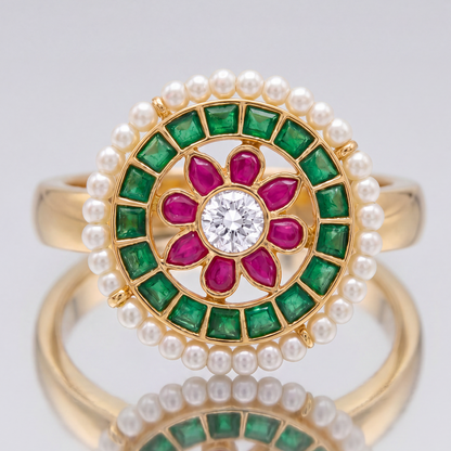 Full Bloom — Navratna Floral Ring in Gold-Finish Silver