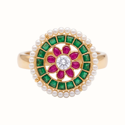 Full Bloom — Navratna Floral Ring in Gold-Finish Silver