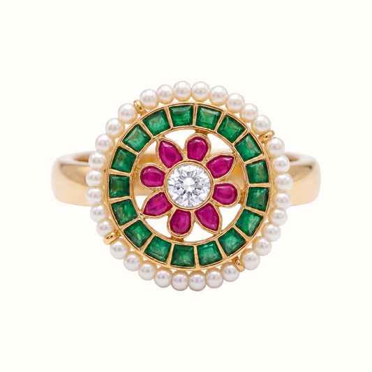 Full Bloom — Navratna Floral Ring in Gold-Finish Silver