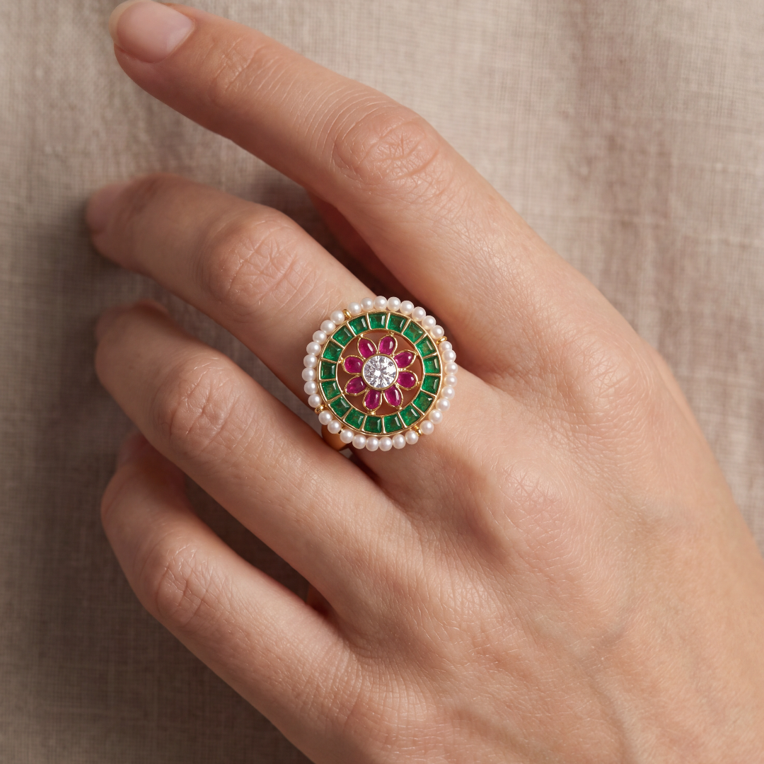Full Bloom — Navratna Floral Ring in Gold-Finish Silver