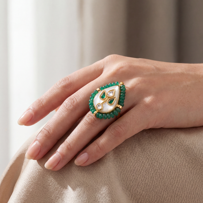 Garden Party — Kundan Mother of Pearl Ring in Gold-Finish Silver
