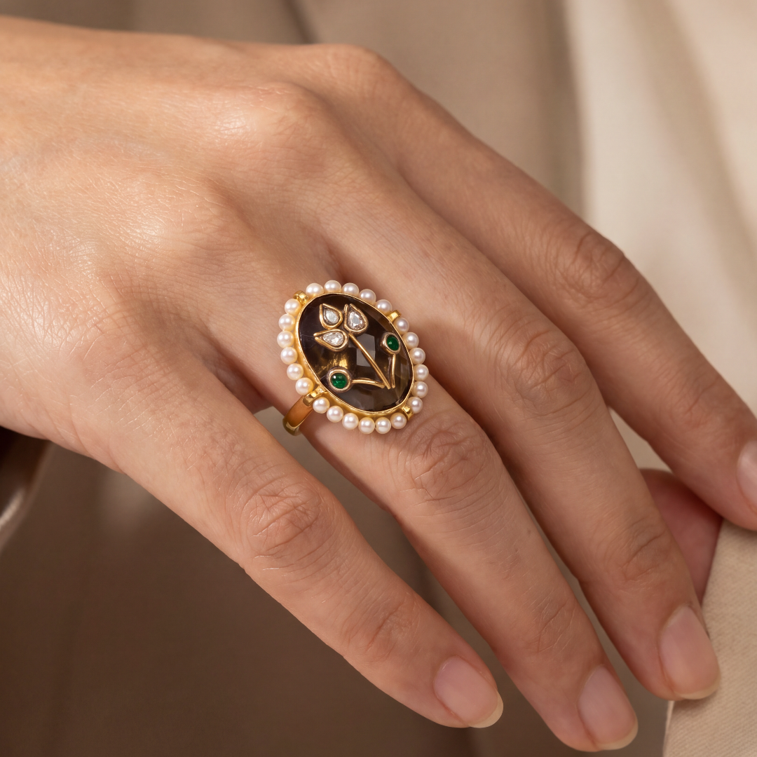 Garden Party — Kundan Floral Ring in Gold-Finish Silver