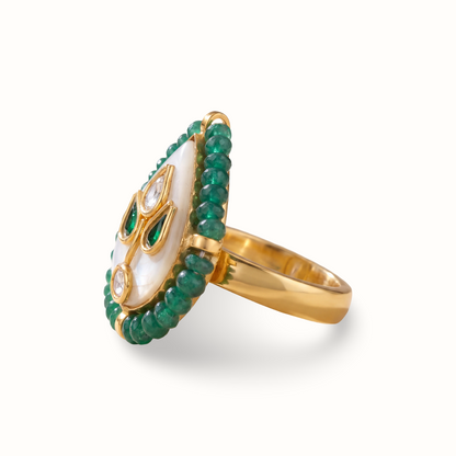 Garden Party — Kundan Mother of Pearl Ring in Gold-Finish Silver