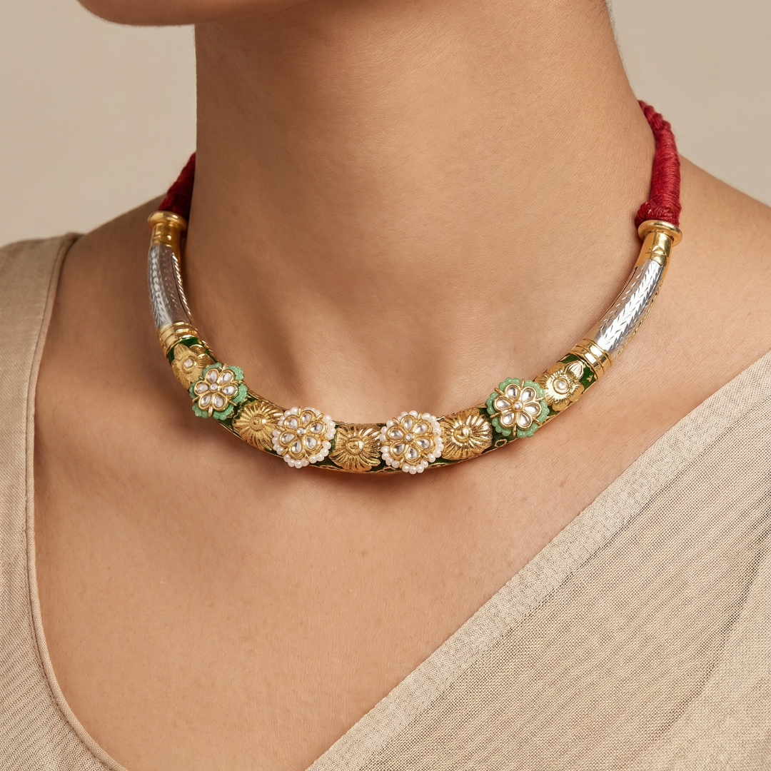 Full Bloom — Kundan Meenakari Hasli Set in Oxidised Silver
