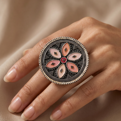 Fully Bloomed — Meenakari Floral Ring in Oxidised Silver
