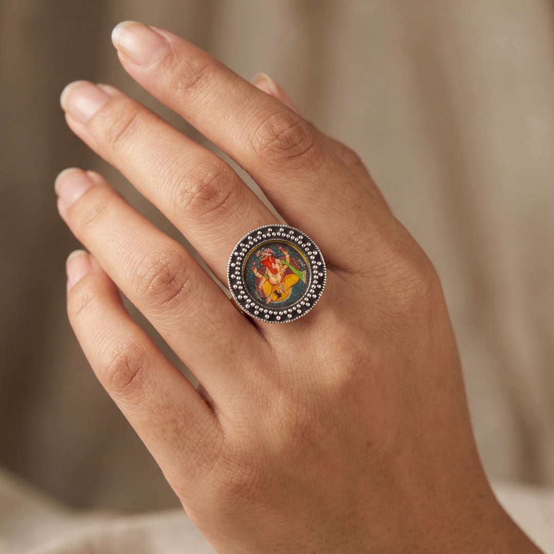Blessed & Bold — Ganesha Miniature Ring in Oxidised Silver