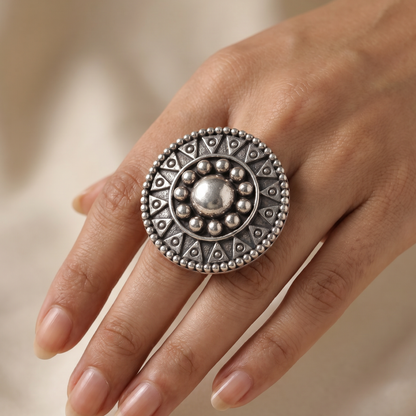 Face of the Sun — Tribal Disc Ring in Oxidised Silver