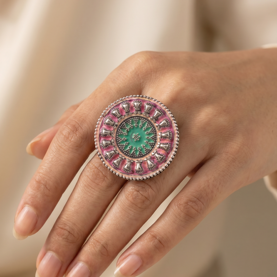 Loud and Round — Meenakari Disc Ring in Oxidised Silver