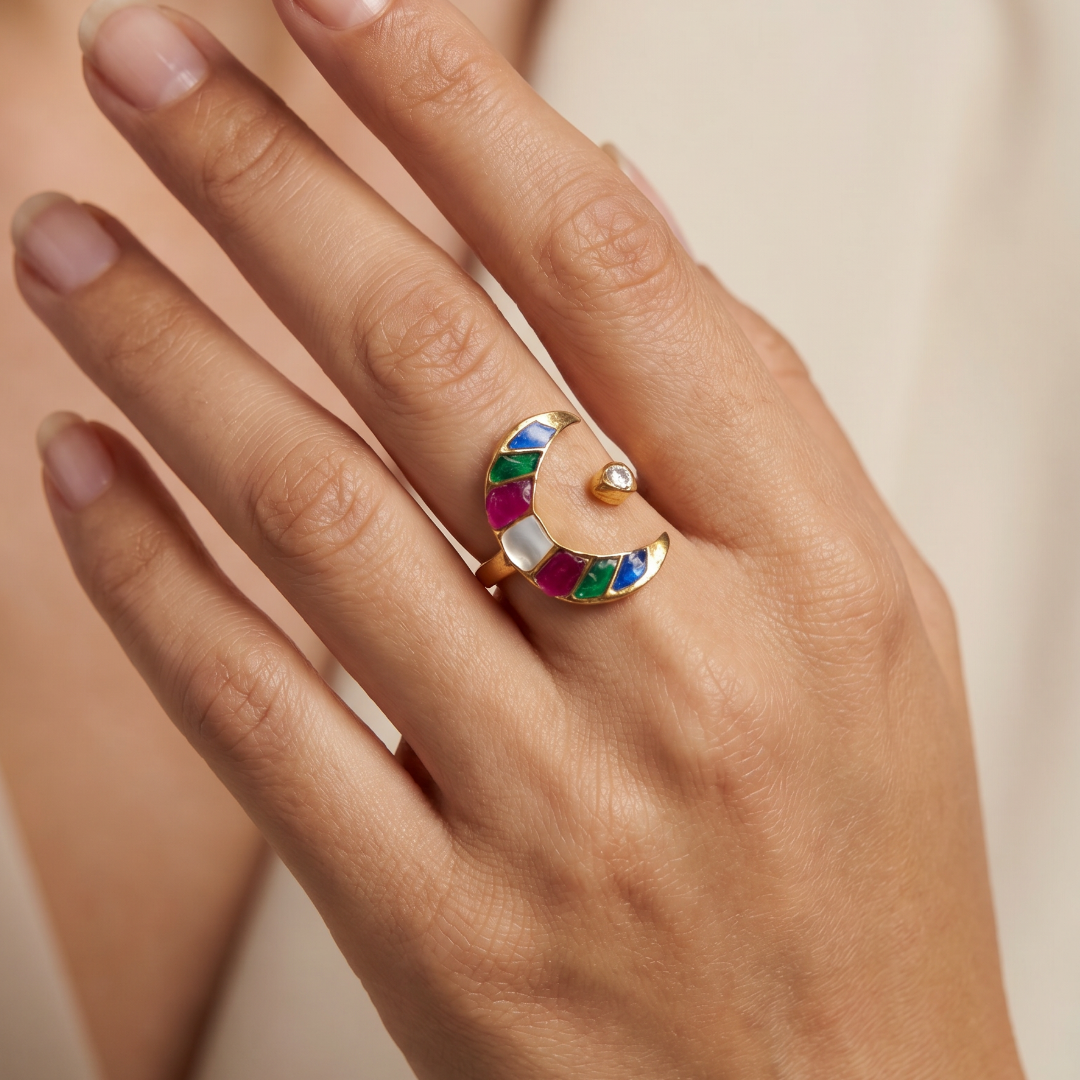 Chand Se Yaar — Navratna Crescent Ring in Gold Plated Silver