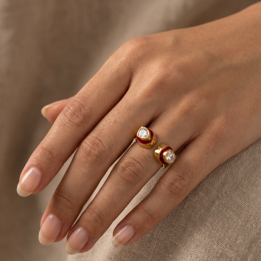 Two of a Kind — Double Kundan Meenakari Open Ring in Gold Plated Silver