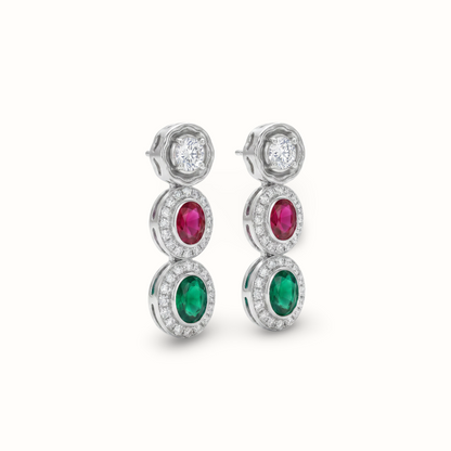 Triple Threat — Ruby Emerald Diamond Drop Earrings in Oxidised Silver