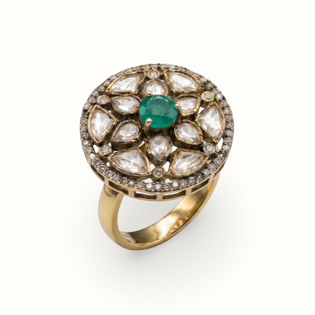 Centre of Attention — Kundan Floral Ring in Gold-Finish Silver