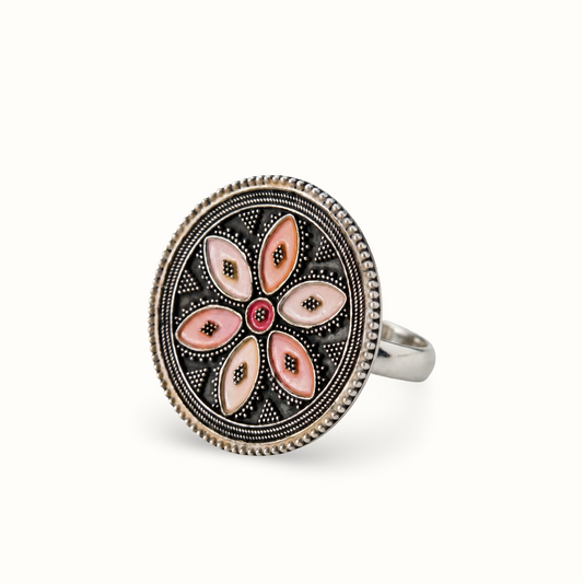 Fully Bloomed — Meenakari Floral Ring in Oxidised Silver