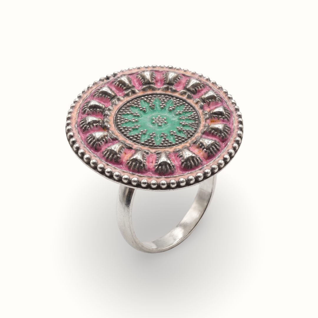 Loud and Round — Meenakari Disc Ring in Oxidised Silver