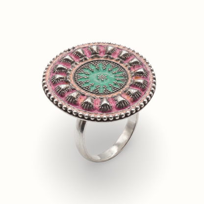Loud and Round — Meenakari Disc Ring in Oxidised Silver