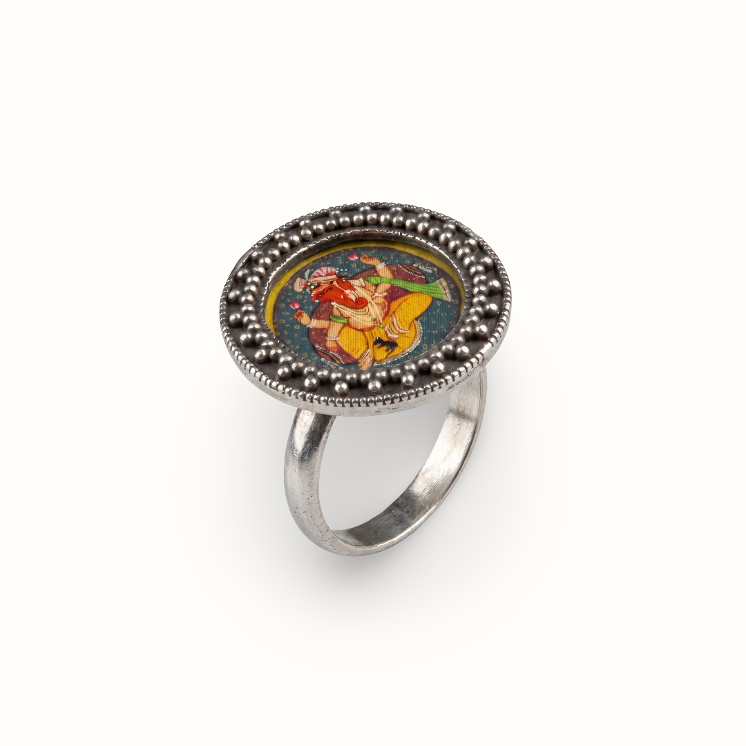 Blessed & Bold — Ganesha Miniature Ring in Oxidised Silver