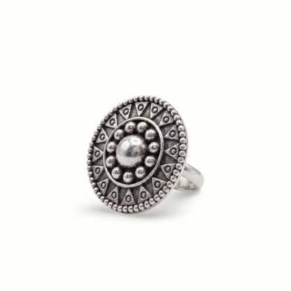 Face of the Sun — Tribal Disc Ring in Oxidised Silver