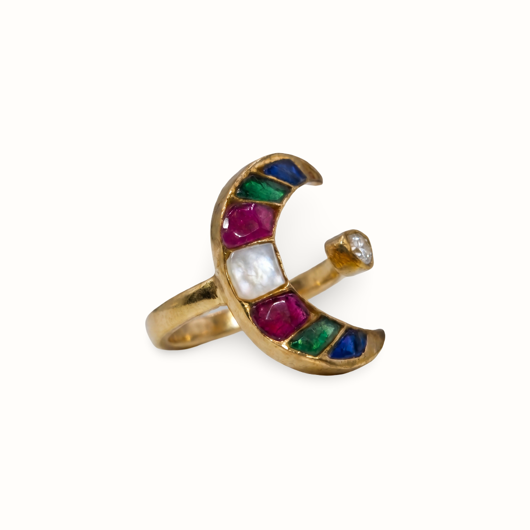 Chand Se Yaar — Navratna Crescent Ring in Gold Plated Silver