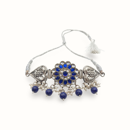 Midnight Bloom — Kundan Floral Choker in Oxidised Silver