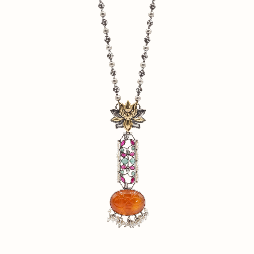 Statement Piece — Carved Orange Stone Long Pendant in Oxidised Silver