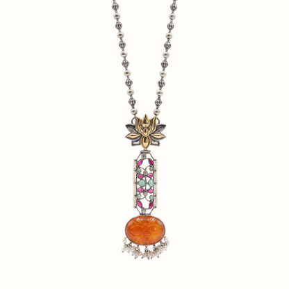 Statement Piece — Carved Orange Stone Long Pendant in Oxidised Silver