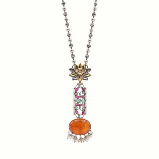 Statement Piece — Carved Orange Stone Long Pendant in Oxidised Silver