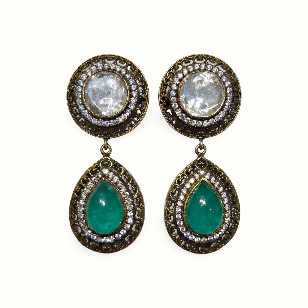 Drop Everything — Kundan & Emerald Teardrop Earrings in Oxidised Silver
