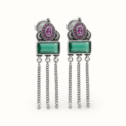 Green Flag Energy — Emerald & Pink Stone Chandelier Earrings in Oxidised Silver