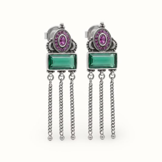 Green Flag Energy — Emerald & Pink Stone Chandelier Earrings in Oxidised Silver