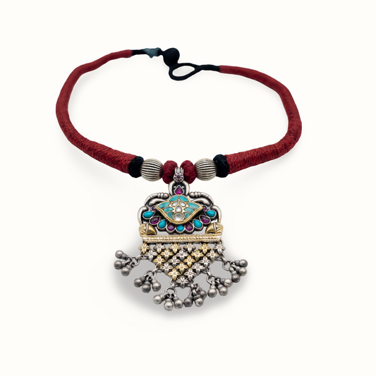 Red Thread Moment — Kundan Meenakari Pendant Necklace in Oxidised Silver