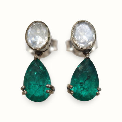 Two Good Things — Moonstone & Emerald Drop Earrings in Oxidised Silver
