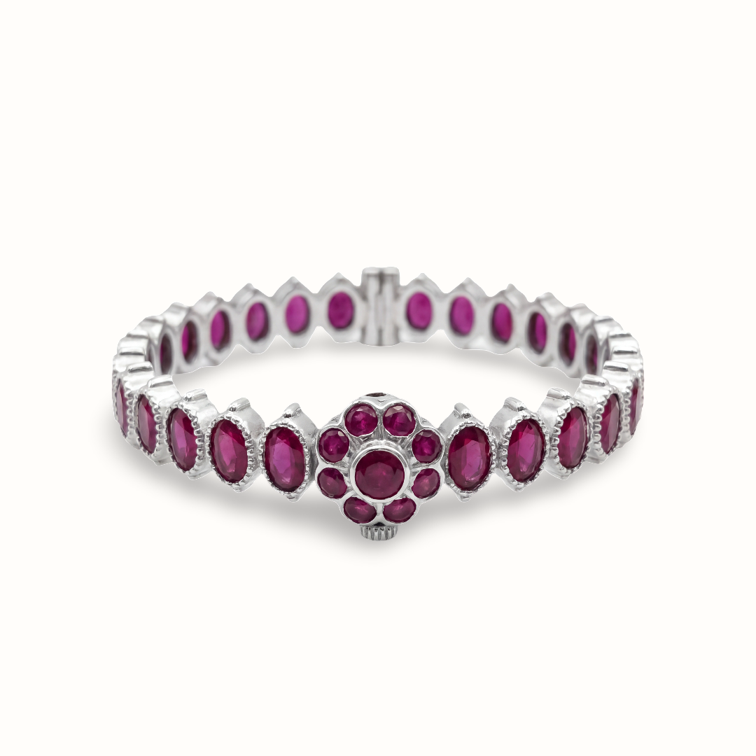 Ruby Tuesday — Oval Ruby Floral Bangle in Oxidised Silver
