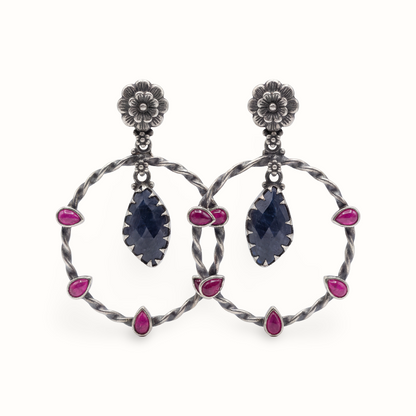 Full Circle — Floral Hoop Earrings with Ruby & Sapphire in Oxidised Silver