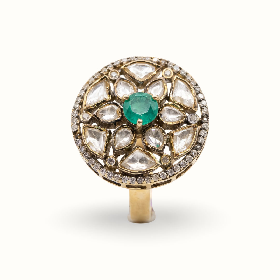 Centre of Attention — Kundan Floral Ring in Gold-Finish Silver