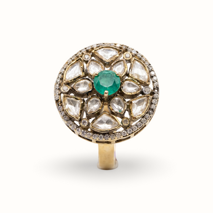 Centre of Attention — Kundan Floral Ring in Gold-Finish Silver