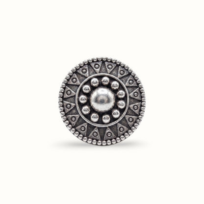 Face of the Sun — Tribal Disc Ring in Oxidised Silver