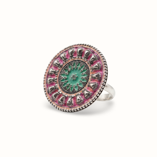 Loud and Round — Meenakari Disc Ring in Oxidised Silver