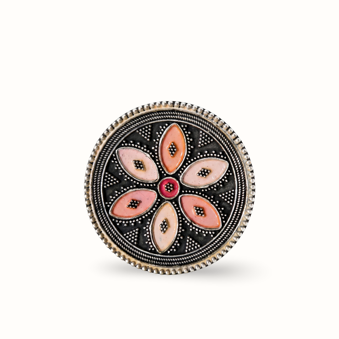 Fully Bloomed — Meenakari Floral Ring in Oxidised Silver