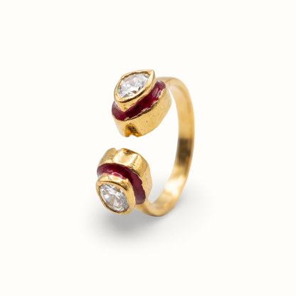 Two of a Kind — Double Kundan Meenakari Open Ring in Gold Plated Silver