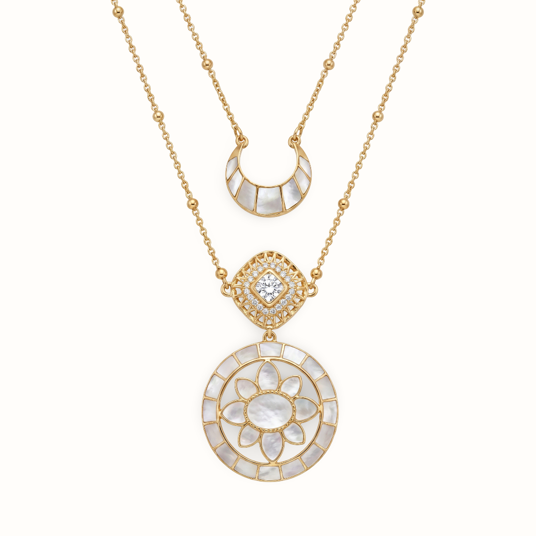 Full Moon Moment — Lotus Mandala & Crescent Layered Necklace in Gold Plated Silver