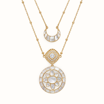 Full Moon Moment — Lotus Mandala & Crescent Layered Necklace in Gold Plated Silver