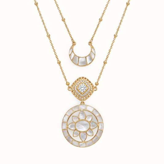 Full Moon Moment — Lotus Mandala & Crescent Layered Necklace in Gold Plated Silver
