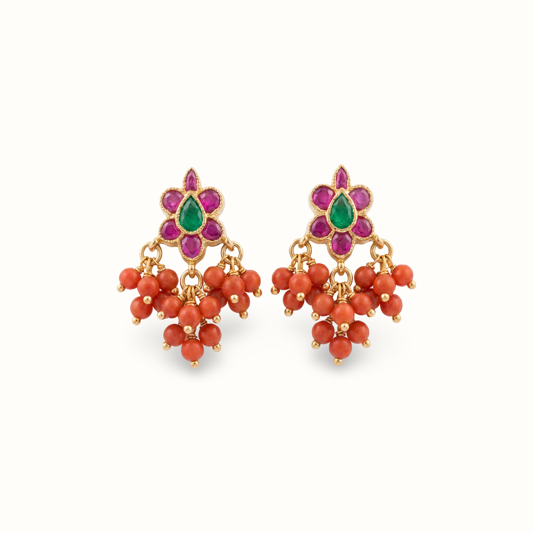 Garden Party — Ruby Emerald Flower Stud Earrings with Coral Drops in Gold Plated Silver