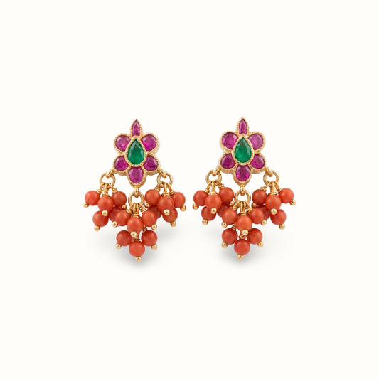 Garden Party — Ruby Emerald Flower Stud Earrings with Coral Drops in Gold Plated Silver