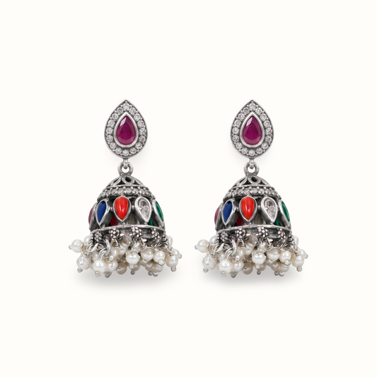 Full House — Navratna Jhumka in Oxidised Silver with Pearl Drops