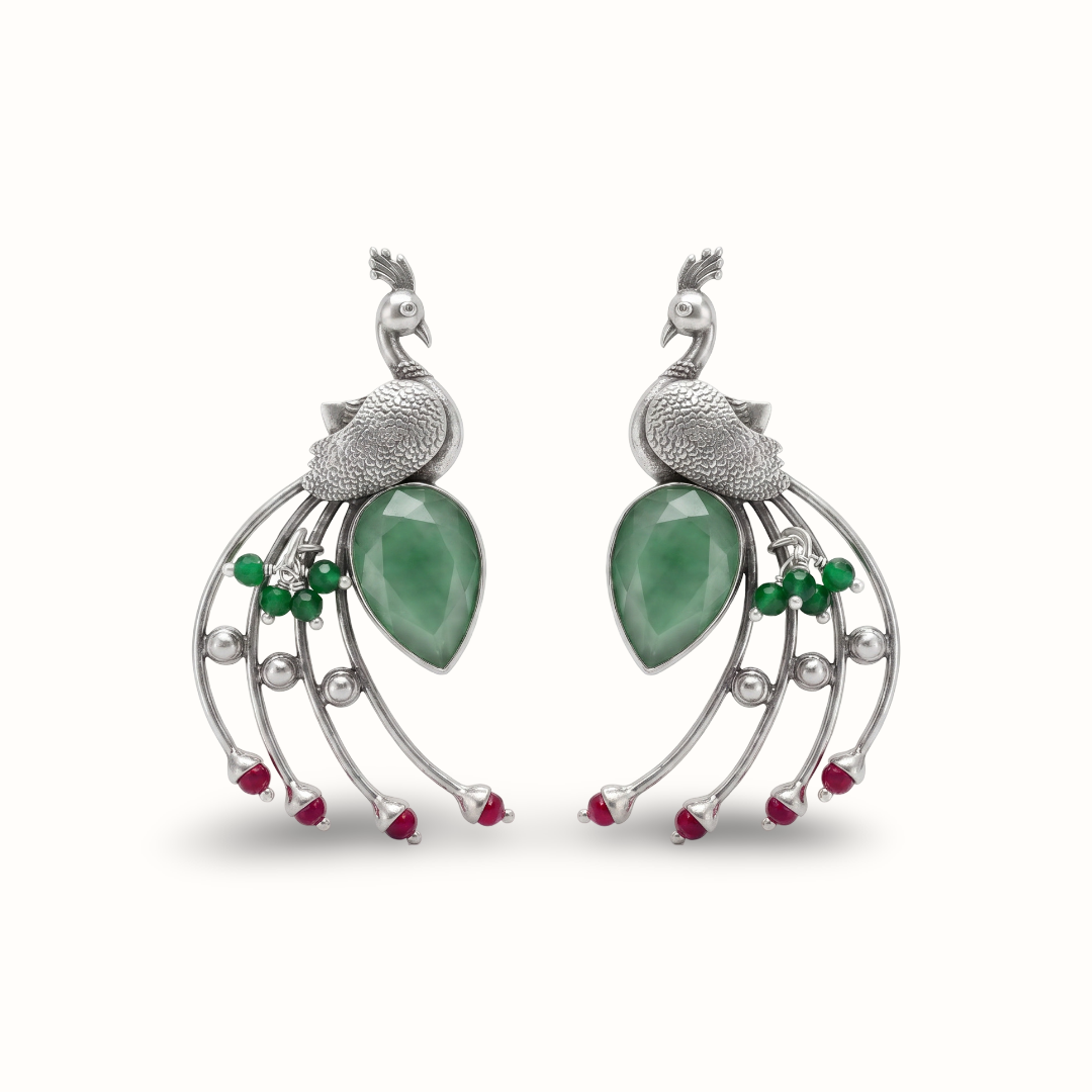 Tail Feathers Out — Peacock Earrings in Oxidised Silver