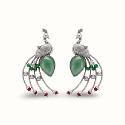 Tail Feathers Out — Peacock Earrings in Oxidised Silver