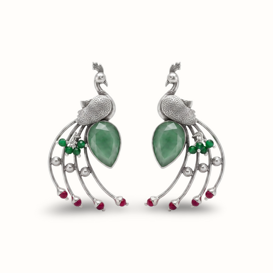 Tail Feathers Out — Peacock Earrings in Oxidised Silver