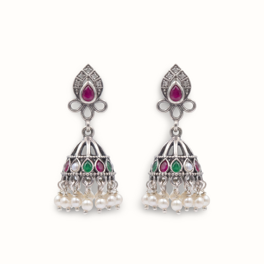 Pearl Curtain — Kundan Jhumka in Oxidised Silver